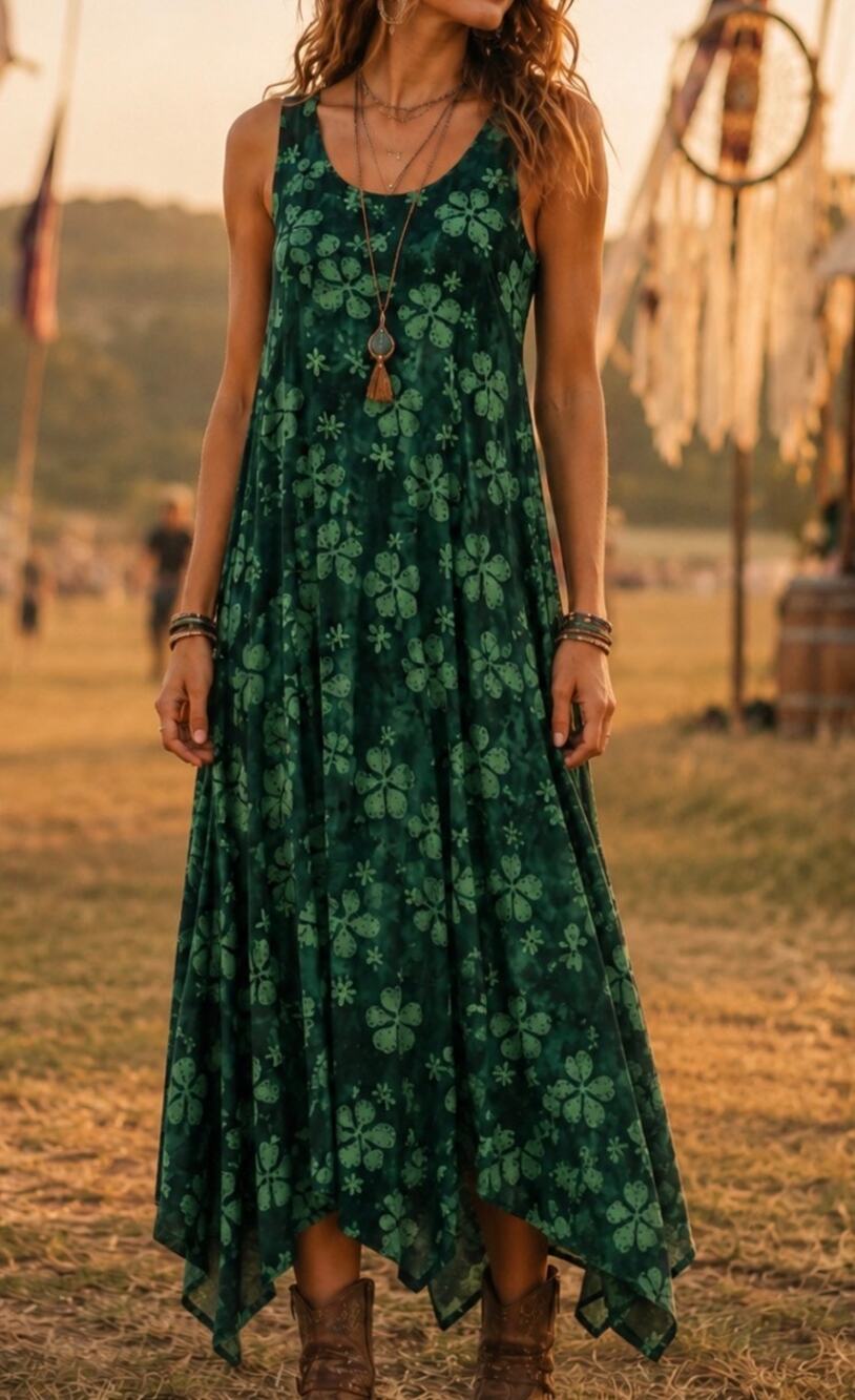 Vintage LOVE Green Floral Rayon Maxi Dress double slit Boho Festival plus XXXL